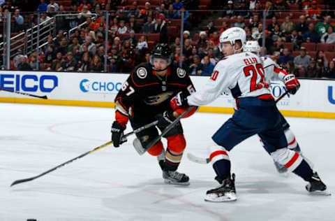 ANAHEIM, CA – MARCH 6: Rickard Rakell #67 of the Anaheim Ducks controls the puck against Lars Eller #20 of the Washington Capitals during the game on March 6, 2018, at Honda Center in Anaheim, California. (Photo by Debora Robinson/NHLI via Getty Images) *** Local Caption ***