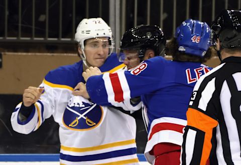 NEW YORK, NEW YORK – MARCH 22: Tage Thompson #72 of the Buffalo Sabres squares off against Brendan Lemieux #48 of the New York Rangers during the second period at Madison Square Garden on March 22, 2021 in New York City. (Photo by Bruce Bennett/Getty Images)