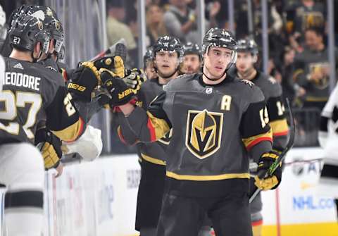 LAS VEGAS, NEVADA – JANUARY 09: Reilly Smith #19 of the Vegas Golden Knights celebrates after scoring a goal during the second period against the Los Angeles Kings at T-Mobile Arena on January 09, 2020 in Las Vegas, Nevada. (Photo by Jeff Bottari/NHLI via Getty Images)