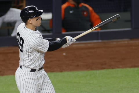 NEW YORK, NEW YORK – APRIL 06: Aaron Judge #99 of the New York Yankees reacts after hitting a three-run home run during the eighth inning against the Baltimore Orioles at Yankee Stadium on April 06, 2021 in the Bronx borough of New York City. The Yankees won 7-2. (Photo by Sarah Stier/Getty Images)