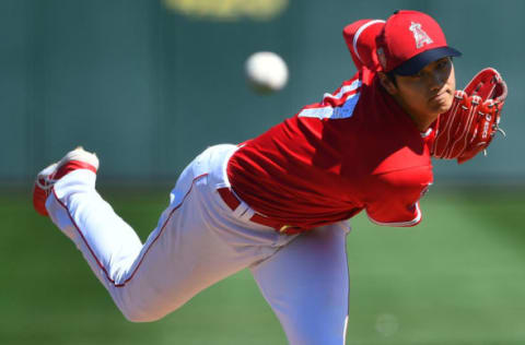 TEMPE, AZ -MARCH 09: Shohei Ohtani of Los Angeles Angels pitches during the practice game against the Tijuana Toros of the Mexican League on March 9, 2018 in Tempe, Arizona. (Photo by Masterpress/Getty Images)