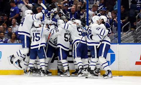 The Toronto Maple Leafs celebrate winning Game Six of the First Round  Florida. (Photo by Mike Ehrmann/Getty Images)