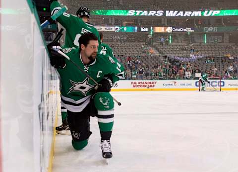 Apr 6, 2017; Dallas, TX, USA; Dallas Stars left wing Jamie Benn (14) skates in warm-ups prior to the game against the Nashville Predators at the American Airlines Center. Mandatory Credit: Jerome Miron-USA TODAY Sports