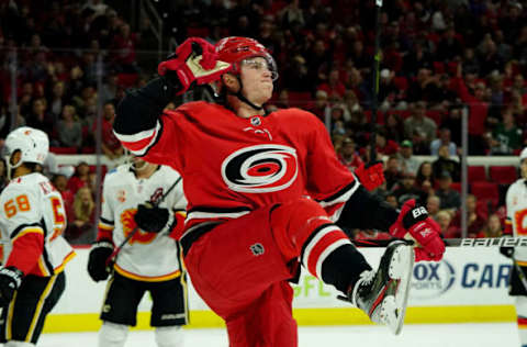 RALEIGH, NC – OCTOBER 29: Andrei Svechnikov #37of the Carolina Hurricanes celebrates after scoring a goal against the Calgary Flames during an NHL game on October 29, 2019 at PNC Arena in Raleigh, North Carolina. (Photo by Gregg Forwerck/NHLI via Getty Images)