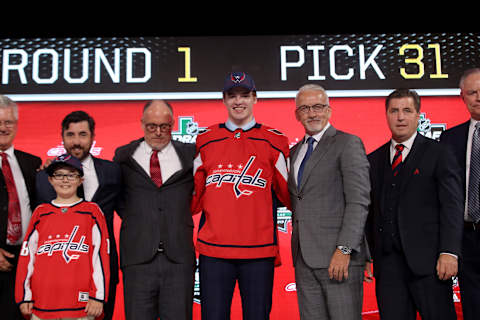 DALLAS, TX – JUNE 22: Alexander Alexeyev poses after being selected thirty-first overall by the Washington Capitals during the first round of the 2018 NHL Draft at American Airlines Center on June 22, 2018 in Dallas, Texas. (Photo by Bruce Bennett/Getty Images)