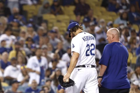 LOS ANGELES, CALIFORNIA – OCTOBER 01: Clayton Kershaw #22 of the Los Angeles Dodgers walks off after being substituted during a game against the Milwaukee Brewers in the second inning at Dodger Stadium on October 01, 2021 in Los Angeles, California. (Photo by Michael Owens/Getty Images)