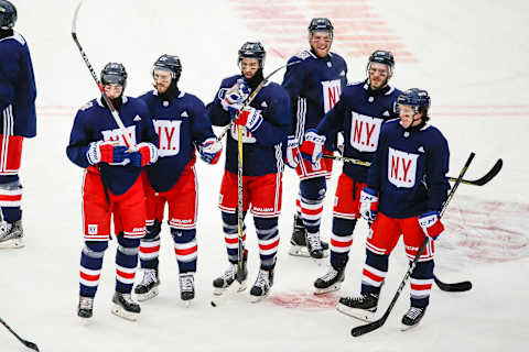 FLUSHING, NY – DECEMBER 31: Rangers players look on during practice for the the New York Rangers and Buffalo Sabres Winter Classic NHL game on December 31, 2017, at Citi Field in Flushing, NY. (Photo by John Crouch/Icon Sportswire via Getty Images)