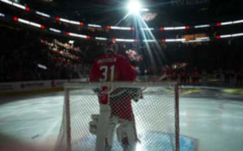 GLOSSARY May 5, 2023; Raleigh, North Carolina, USA; Carolina Hurricanes goaltender Frederik Andersen (31) looks on before the start of the game against the New Jersey Devil in game two of the second round of the 2023 Stanley Cup Playoffs at PNC Arena. Mandatory Credit: James Guillory-USA TODAY Sports