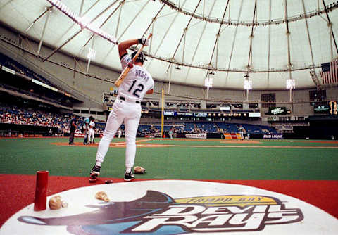 Tampa Bay Devil Rays third baseman Wade Boggs warms up 29 March before going to bat during the fourth inning of the Devil Rays last exhibition game before the start of their first season at the new Tropicana field in St.Petersburg, Florida. AFP PHOTO/Peter MUHLY (Photo by PETER MUHLY / AFP) (Photo credit should read PETER MUHLY/AFP via Getty Images)