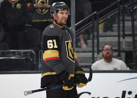 LAS VEGAS, NEVADA – SEPTEMBER 29: Mark Stone #61 of the Vegas Golden Knights reacts after being shoulder-checked by Aaron Dell #30 (not pictured) of the San Jose Sharks during the third period at T-Mobile Arena on September 29, 2019 in Las Vegas, Nevada. (Photo by David Becker/NHLI via Getty Images)