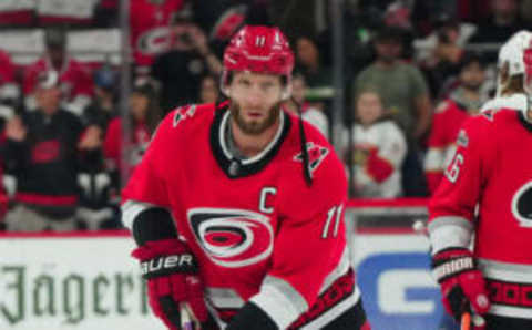 May 18, 2023; Raleigh, North Carolina, USA; Carolina Hurricanes center Jordan Staal (11) skates with the puck during warmups before game one of the Eastern Conference Finals of the 2023 Stanley Cup Playoffs against the Florida Panthers at the PNC Arena. Mandatory Credit: James Guillory-USA TODAY Sports