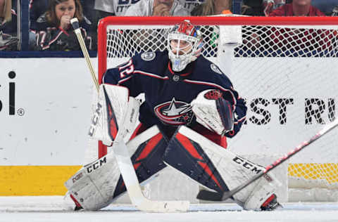 COLUMBUS, OH – MAY 6: Goaltender Sergei Bobrovsky #72 of the Columbus Blue Jackets defends the net against the Boston Bruins in Game Six of the Eastern Conference Second Round during the 2019 NHL Stanley Cup Playoffs on May 6, 2019 at Nationwide Arena in Columbus, Ohio. (Photo by Jamie Sabau/NHLI via Getty Images)