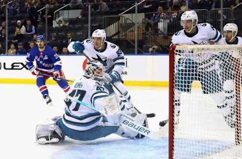 NEW YORK, NEW YORK – OCTOBER 20: James Reimer #47 of the San Jose Sharks plays against the New York Rangers at Madison Square Garden on October 20, 2022 in New York City. The Sharks defeated the Rangers 3-2 in overtime. (Photo by Bruce Bennett/Getty Images)