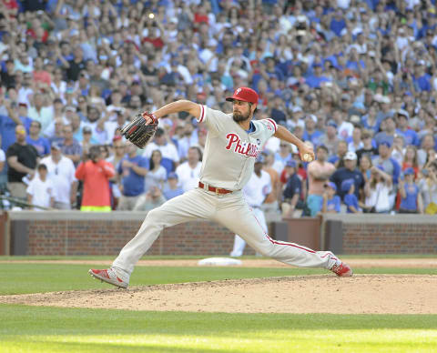 Hamels dials up the final pitch of his no-hitter and as a Phillie. Photo by David Banks/Getty Images.