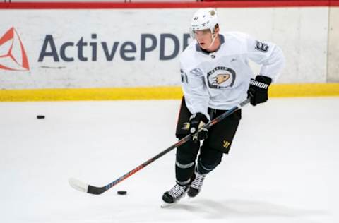 ANAHEIM, CA – SEPTEMBER 06: Right winger Troy Terry #61 of the Anaheim Ducks waits for a pass during the Anaheim Ducks Rookie Camp at Anaheim ICE in Anaheim on Thursday, September 6, 2018. (Photo by Leonard Ortiz/Digital First Media/Orange County Register via Getty Images)