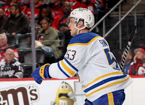 NEWARK, NEW JERSEY – APRIL 21: Jeff Skinner #53 of the Buffalo Sabres celebrates his goal during the third period against the New Jersey Devils at Prudential Center on April 21, 2022 in Newark, New Jersey. The Buffalo Sabres defeated the New Jersey Devils 5-2. (Photo by Elsa/Getty Images)