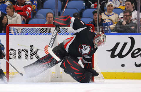 Oct 29, 2023; Buffalo, New York, USA; Buffalo Sabres goaltender Ukko-Pekka Luukkonen (1) makes a save during the second period against the Colorado Avalanche at KeyBank Center. Mandatory Credit: Timothy T. Ludwig-USA TODAY Sports