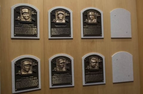 Jul 26, 2015; Cooperstown, NY, USA; The 4 Hall of Fame plagues of Craig Biggio, Randy Johnson, Pedro Martinez and John Smoltz installed and available for viewing in the National Baseball Hall of Fame. Mandatory Credit: Gregory J. Fisher-USA TODAY Sports