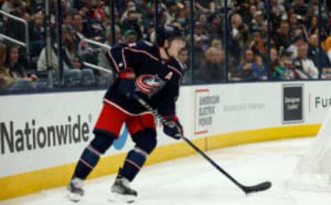 COLUMBUS, OH – DECEMBER 09: Zach Werenski #8 of the Columbus Blue Jackets controls the puck during the game against the Anaheim Ducks at Nationwide Arena on December 9, 2021 in Columbus, Ohio. Anaheim defeated Columbus 2-1 in a shootout. (Photo by Kirk Irwin/Getty Images)