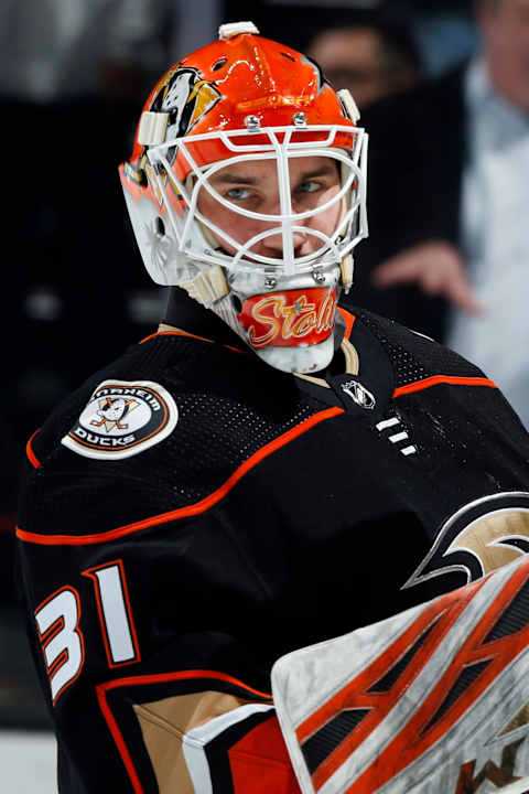 ANAHEIM, CA – DECEMBER 2: Anthony Stolarz #31 of the Anaheim Ducks skates in warm-ups prior to the game against the Los Angeles Kings at Honda Center on December 2, 2019, in Anaheim, California. (Photo by Debora Robinson/NHLI via Getty Images)