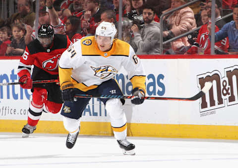 NEWARK, NEW JERSEY – JANUARY 30: Mikael Granlund #64 Prudential Center on January 30, 2020 in Newark, New Jersey. The Predators defeated the Devils 6-5 in the shoot-out. (Photo by Bruce Bennett/Getty Images)