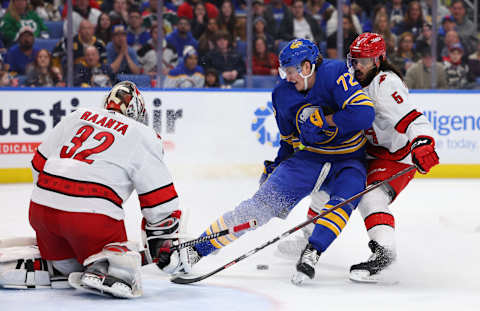 Apr 8, 2023; Buffalo, New York, USA; Buffalo Sabres center Tage Thompson (72) looks to take a shot on Carolina Hurricanes goaltender Antti Raanta (32) as defenseman Jalen Chatfield (5) defends during the second period at KeyBank Center. Mandatory Credit: Timothy T. Ludwig-USA TODAY Sports