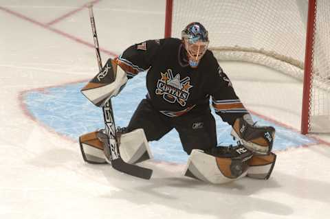 WASHINGTON – OCTOBER 14: Olie Kolzig #37 of the Washington Capitals makes a save during a NHL hockey game against the Atlanta Thrashers at the Verizon Center October 14, 2006 in Washington, DC. (Photo by Mitchell Layton/Getty Images)