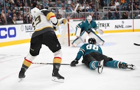 SAN JOSE, CA – APRIL 23: Brandon Pirri #73 of the Vegas Golden Knights shoots the puck during the second period against the San Jose Sharks in Game Seven of the Western Conference First Round during the 2019 Stanley Cup Playoffs at SAP Center on April 23, 2019 in San Jose, California. (Photo by Jeff Bottari/NHLI via Getty Images)