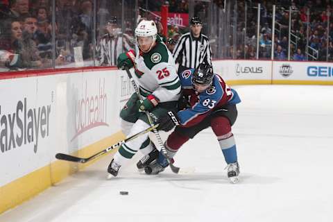 DENVER, CO – MARCH 02: Matt Nieto #83 of the Colorado Avalanche defends against Jonas Brodin #25 of the Minnesota Wild at the Pepsi Center on March 2, 2018 in Denver, Colorado. (Photo by Michael Martin/NHLI via Getty Images)