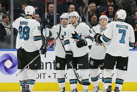 Jan 10, 2017; Edmonton, Alberta, CAN; San Jose Sharks celebrate a first period goal by forward Mikkel Boedker (89) against the Edmonton Oilers at Rogers Place. Mandatory Credit: Perry Nelson-USA TODAY Sports