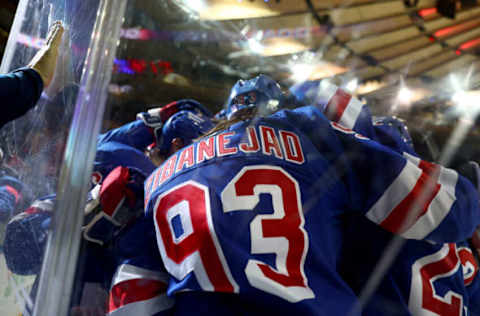 NEW YORK, NEW YORK – APRIL 19: Ryan Strome #16 of the New York Rangers celebrates his goal with teammate Mika Zibanejad #93 after he scored during the second period against the Winnipeg Jets at Madison Square Garden on April 19, 2022 in New York City. (Photo by Elsa/Getty Images)