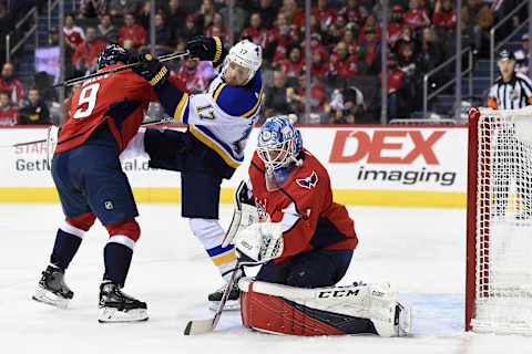 WASHINGTON, DC – JANUARY 14: Pheonix Copley #1 of the Washington Capitals makes a save in the second period against the St. Louis Blues at Capital One Arena on January 14, 2019 in Washington, DC. (Photo by Patrick McDermott/NHLI via Getty Images)