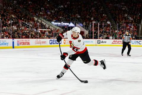 Tyler Kleven shoots during the third period in a game against the Carolina Hurricanes. (Photo by Jaylynn Nash/Getty Images)