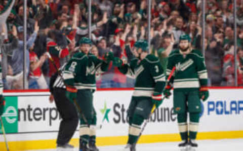 Mar 5, 2017; Saint Paul, MN, USA; Minnesota Wild forward Eric Staal (12) celebrates his goal in the third period against the San Jose Sharks at Xcel Energy Center. The Minnesota Wild beat the San Jose Sharks 3-1. Mandatory Credit: Brad Rempel-USA TODAY Sports