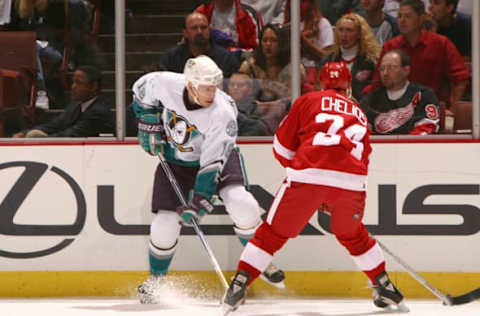 2003 Season: Mighty Ducks of Anaheim sweep Detroit Redwings out of the Stanley Cup playoffs on 4/16/03, and Player Patric Kjellberg. (Photo by Henry DiRocco/Getty Images)