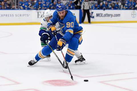 ST. LOUIS, MO – APRIL 6: Ryan Spooner #15 of the Vancouver Canucks and Ryan O’Reilly #90 of the St. Louis Blues battle for the puck at Enterprise Center on April 6, 2019 in St. Louis, Missouri. (Photo by Joe Puetz/NHLI via Getty Images)