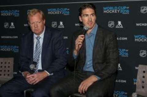 Sep 9, 2015; Toronto, Ontario, Canada; Ryan McDonagh answers questions from the press as Jim Johannson (left) looks on during a press conference and media event for the 2016 World Cup of Hockey at Air Canada Centre. Mandatory Credit: Tom Szczerbowski-USA TODAY Sports