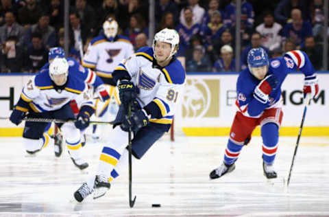 NEW YORK, NEW YORK – MARCH 02: Vladimir Tarasenko #91 of the St. Louis Blues skates against the New York Rangers at Madison Square Garden on March 02, 2022, in New York City. (Photo by Bruce Bennett/Getty Images)