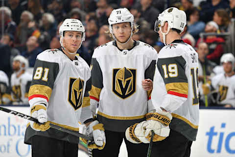 COLUMBUS, OH – DECEMBER 17: Teammates Jonathan Marchessault #81, William Karlsson #71 and Reilly Smith #19 of the Vegas Golden Knights talk prior to a face-off during the second period of a game against the Columbus Blue Jackets on December 17, 2018 at Nationwide Arena in Columbus, Ohio. (Photo by Jamie Sabau/NHLI via Getty Images)