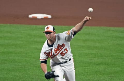 The Baltimore Orioles’ Zach Britton pitches against the Boston Red Sox in the seventh inning at Oriole Park at Camden Yards in Baltimore on Tuesday, June 12, 2018. (Kenneth K. Lam/Baltimore Sun/TNS via Getty Images)