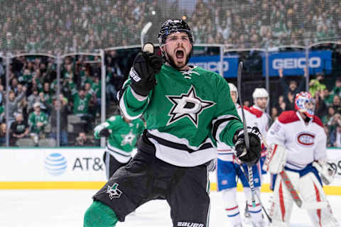 Jan 4, 2017; Dallas, TX, USA; Dallas Stars center Tyler Seguin (91) celebrates a goal against Montreal Canadiens goalie Al Montoya (35) during the first period at the American Airlines Center. Mandatory Credit: Jerome Miron-USA TODAY Sports