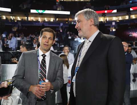 VANCOUVER, BRITISH COLUMBIA – JUNE 21: (L-R) Don Sweeney and Cam Neely of the Boston Bruins attend the 2019 NHL Draft at the Rogers Arena on June 21, 2019, in Vancouver, Canada. (Photo by Bruce Bennett/Getty Images)