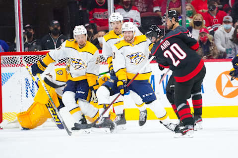 Nashville Predators center Colton Sissons (10) and defenseman Roman Josi (59). Mandatory Credit: James Guillory-USA TODAY Sports