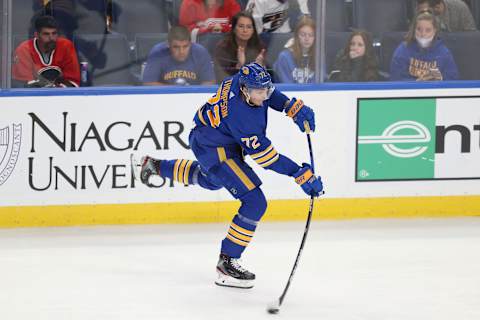 BUFFALO, NEW YORK – OCTOBER 16: Tage Thompson #72 of the Buffalo Sabres takes a shot during the third period of a NHL hockey game against the Arizona Coyotes at KeyBank Center on October 16, 2021 in Buffalo, New York. (Photo by Joshua Bessex/Getty Images)