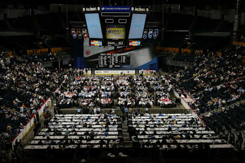 NASHVILLE, TN – JUNE 21: National Hockey League teams stand ready to begin the 2003 NHL Entry Draft at the Gaylord Entertainment Center on June 21, 2003 in Nashville, Tennessee. (Photo by Doug Pensinger/Getty Images/NHLI)