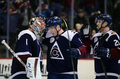 Nov 28, 2015; Denver, CO, USA; Colorado Avalanche goalie Semyon Varlamov (1) and center Matt Duchene (9) and center Nathan MacKinnon (29) celebrate the win over the Winnipeg Jets at the Pepsi Center. The Avalanche defeated the Jets 5-3. Mandatory Credit: Ron Chenoy-USA TODAY Sports