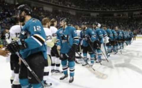 Jun 12, 2016; San Jose, CA, USA; Pittsburgh Penguins and San Jose Sharks players shake hands after game six of the 2016 Stanley Cup Final at SAP Center at San Jose. Mandatory Credit: Bruce Bennett/Pool Photo via USA TODAY Sports