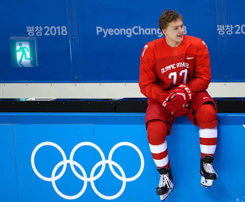 GANGNEUNG, SOUTH KOREA FEBRUARY 11, 2018: Forward Kirill Kaprizov of the Olympic Athletes from Russia men’s ice hockey team seen ahead of making a family photo at the 2018 Winter Olympic Games. Valery Sharifulin/TASS (Photo by Valery SharifulinTASS via Getty Images)