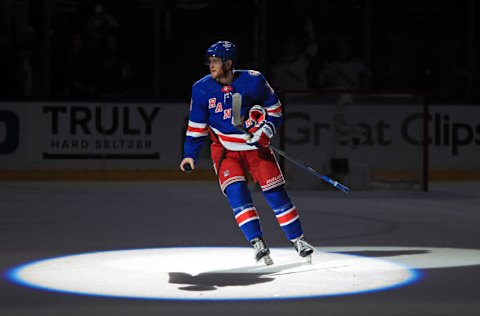 May 24, 2022; New York, New York, USA; New York Rangers center Andrew Copp (18) is acknowledged as the first star of a 4-1 win against the Carolina Hurricanes in game four of the second round of the 2022 Stanley Cup Playoffs at Madison Square Garden. Mandatory Credit: Danny Wild-USA TODAY Sports