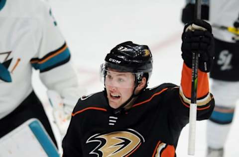 ANAHEIM, CA – February 11: Anaheim Ducks leftwing Nick Ritchie (37) reacts after assisting teammate Cam Fowler (4) in scoring a goal in the third period of a game against the San Jose Sharks played on February 11, 2018, at the Honda Center in Anaheim, CA. (Photo by John Cordes/Icon Sportswire via Getty Images)